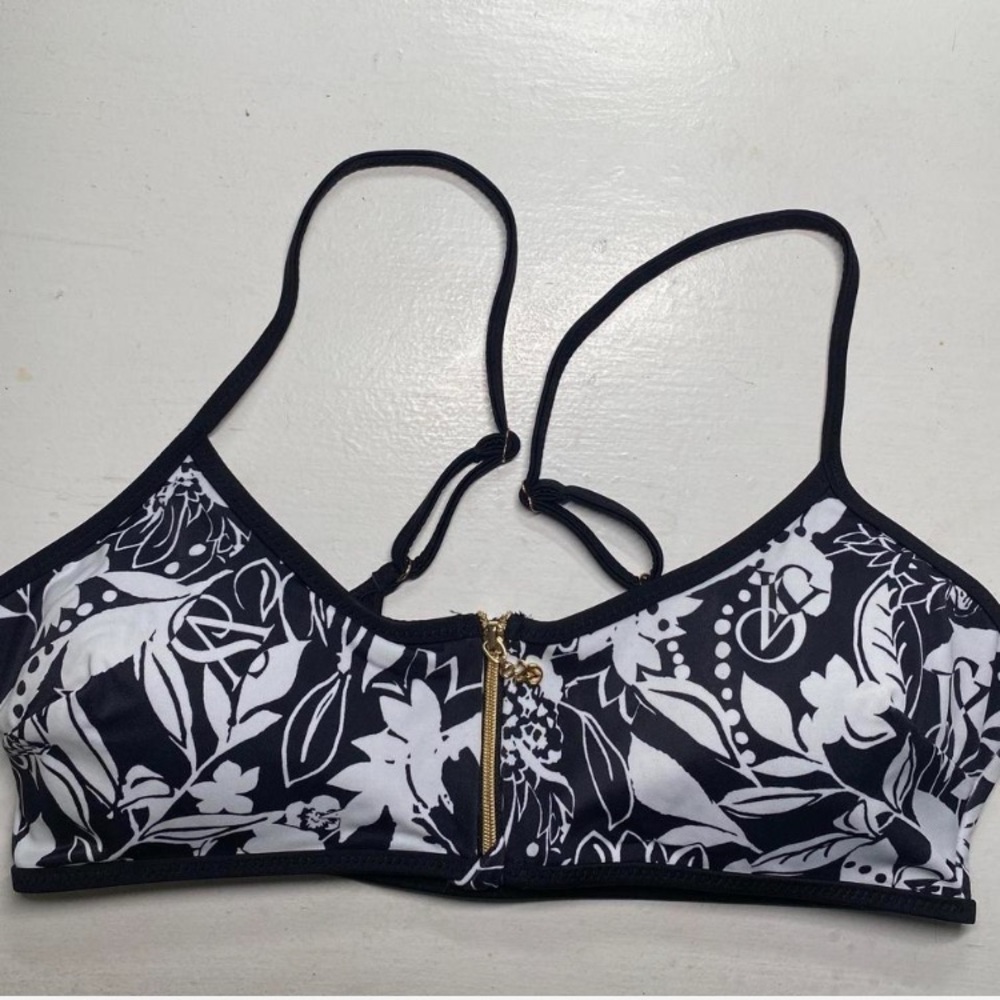 Victoria’s Secret Black and White Floral Bikini Top with Gold Zipper